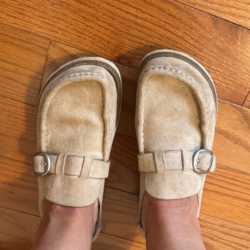 Madden Girl Tan Mules with Buckle Detail